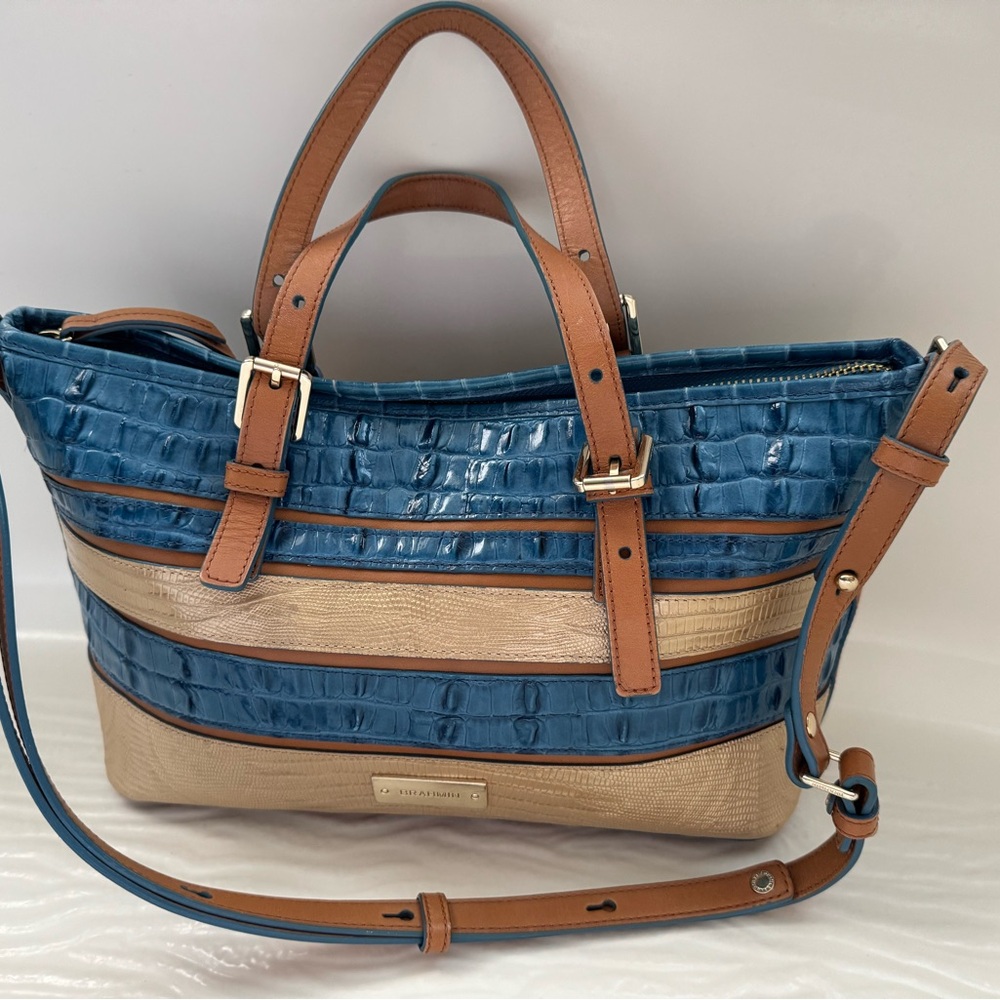 Brahmin Navy and Beige Croc-Embossed Satchel